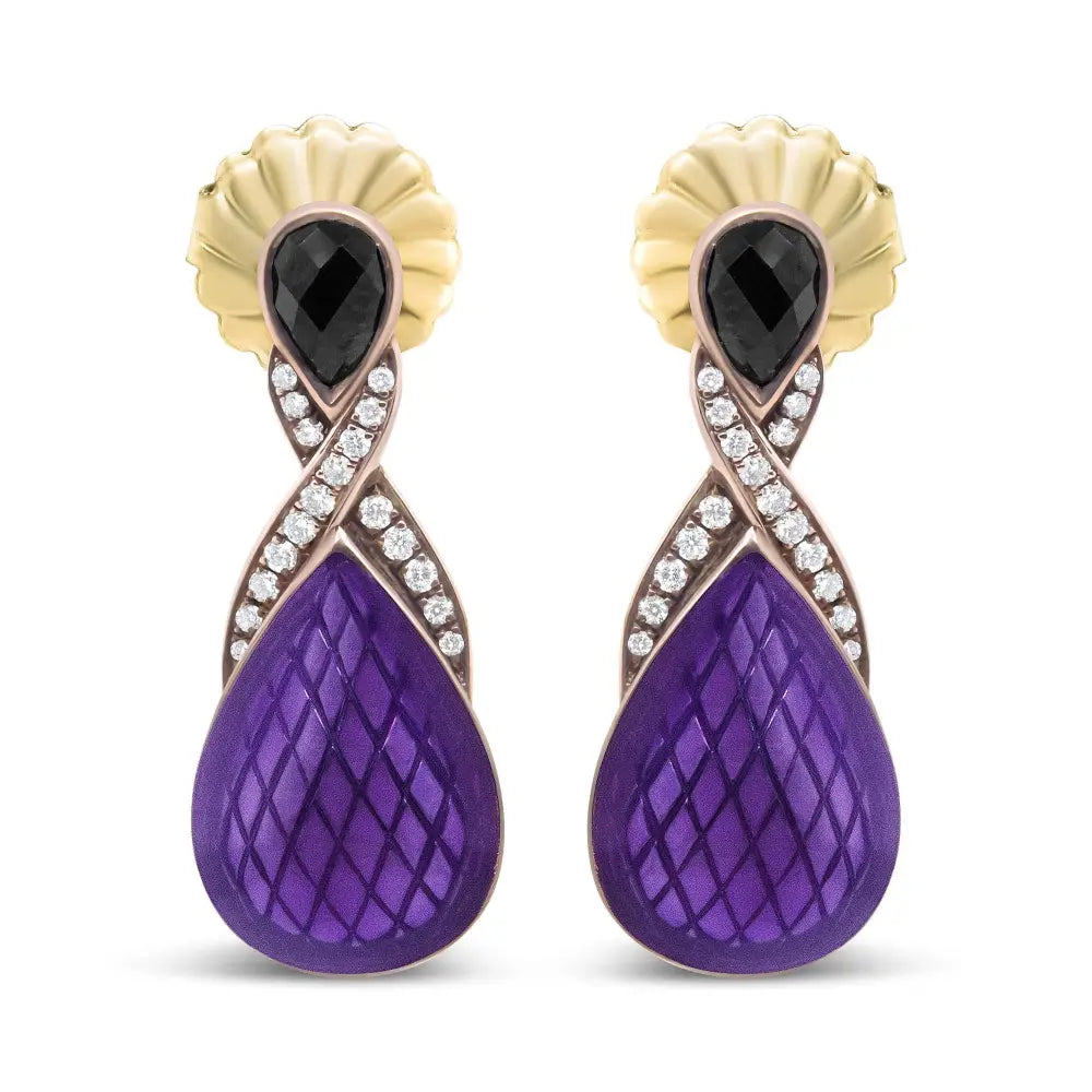 Rose gold over silver black onyx and diamond purple enamel drop earrings bijoux-nyc direct