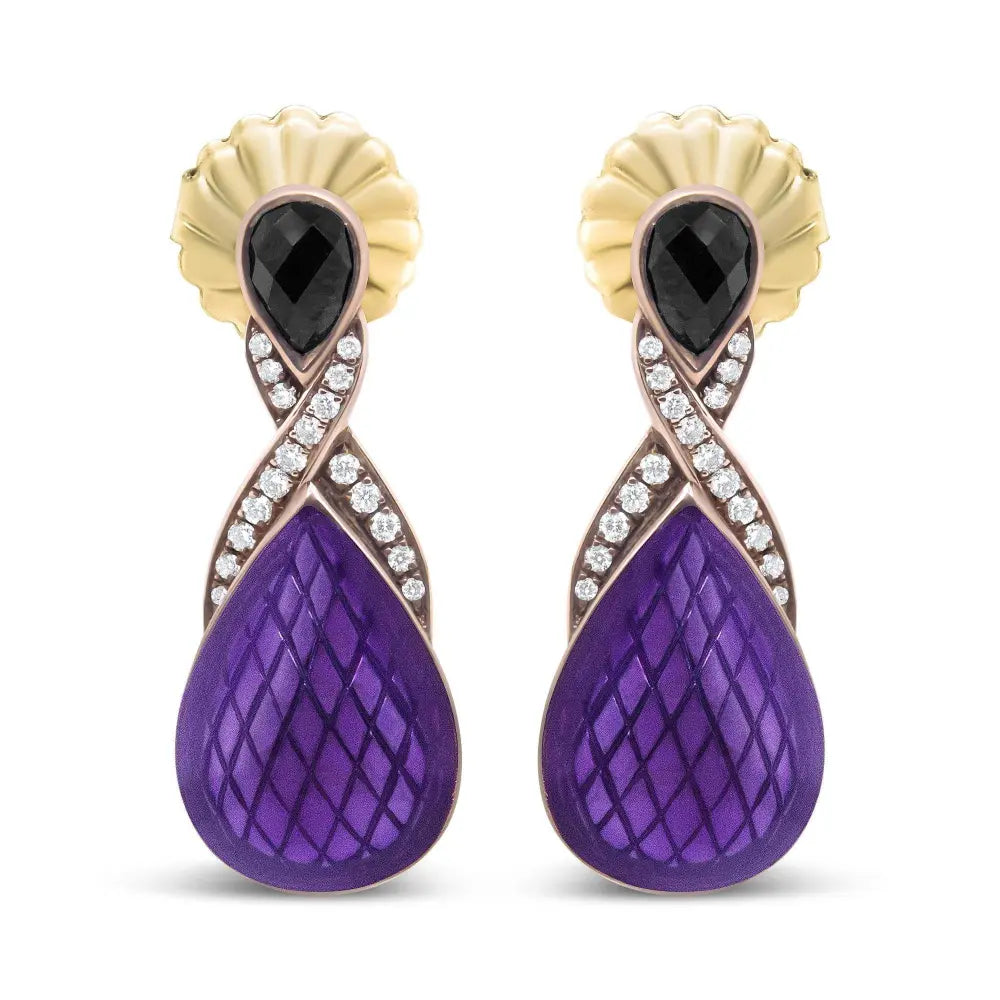 18K Rose Gold Flash Plated .925 Sterling Silver Purple Enamel 1/5 Cttw Round Pave-Set Diamond and 5.5 x 4mm Pear-Shaped Black Onyx Drop Earrings (F-G Color, VS1-VS2 Clarity) - Bijoux-NYC Direct