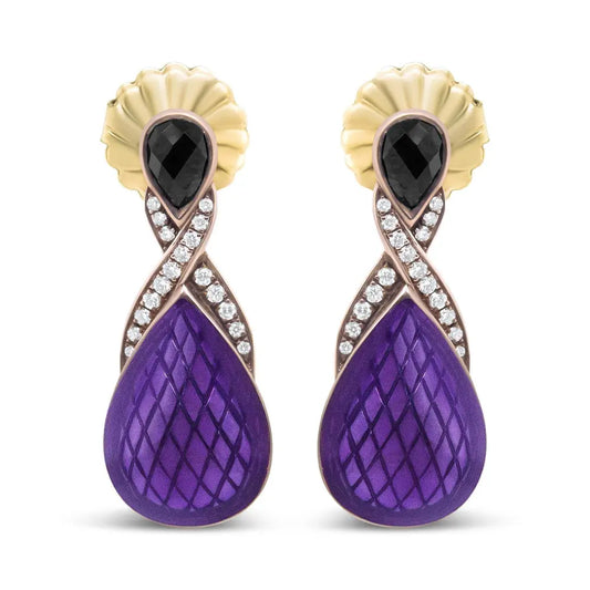 18K Rose Gold Flash Plated .925 Sterling Silver Purple Enamel 1/5 Cttw Round Pave-Set Diamond and 5.5 x 4mm Pear-Shaped Black Onyx Drop Earrings (F-G Color, VS1-VS2 Clarity) - Bijoux-NYC Direct