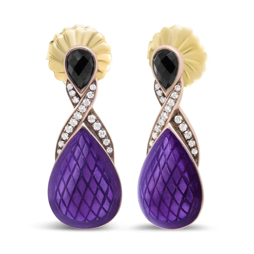Rose gold over silver black onyx and diamond purple enamel drop earrings bijoux-nyc direct