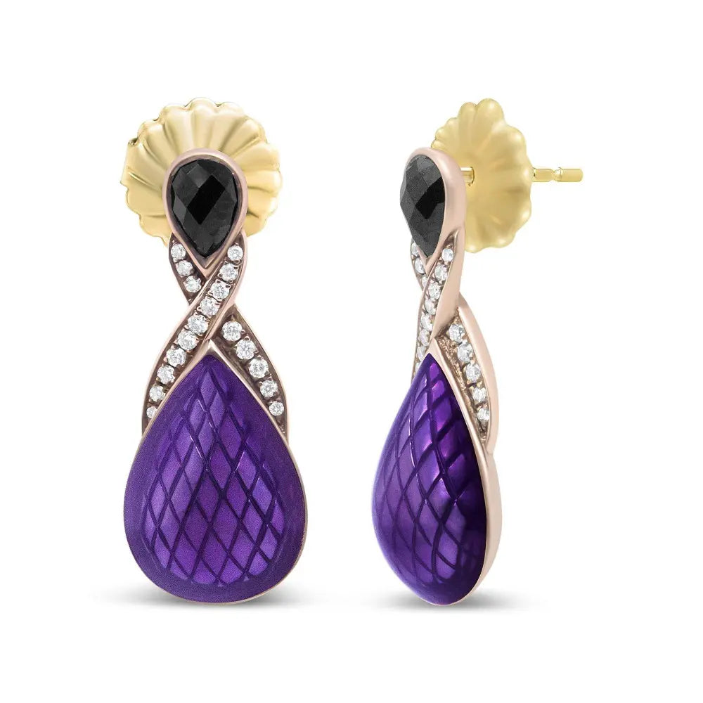 18K Rose Gold Flash Plated .925 Sterling Silver Purple Enamel 1/5 Cttw Round Pave-Set Diamond and 5.5 x 4mm Pear-Shaped Black Onyx Drop Earrings (F-G Color, VS1-VS2 Clarity) - Bijoux-NYC Direct
