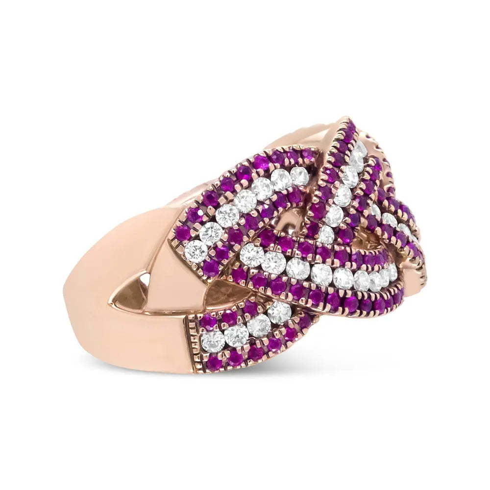 18K Rose Gold Red Ruby and 7/8 Cttw Diamond Woven Braided Band Ring (F-G Color, VS1-VS2 Clarity) - Bijoux-NYC Direct