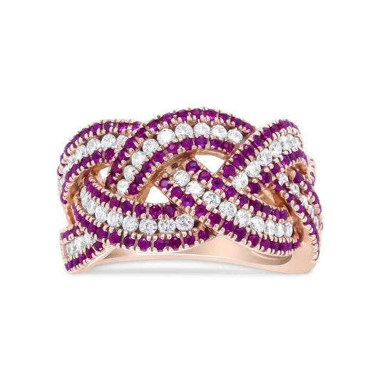 18K Rose Gold Red Ruby and 7/8 Cttw Diamond Woven Braided Band Ring (F-G Color, VS1-VS2 Clarity) - Bijoux-NYC Direct