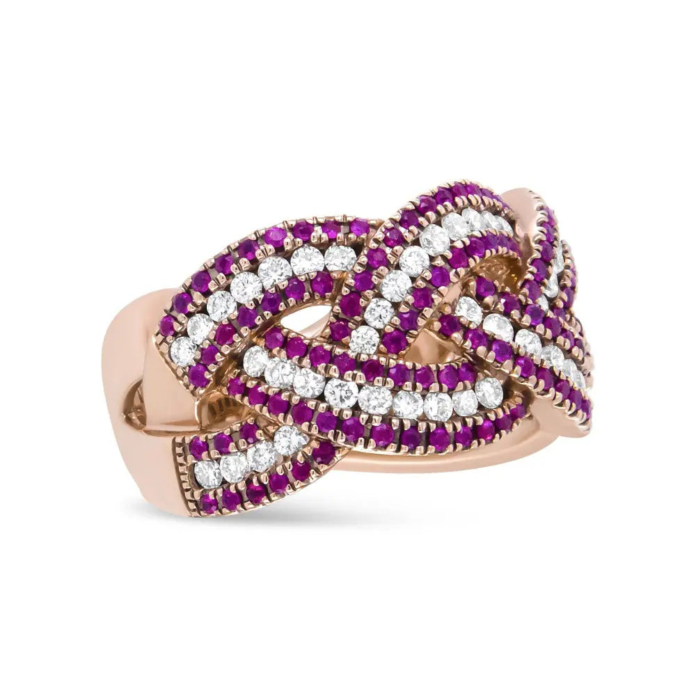 18K Rose Gold Red Ruby and 7/8 Cttw Diamond Woven Braided Band Ring (F-G Color, VS1-VS2 Clarity) - Bijoux-NYC Direct