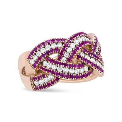 18K Rose Gold Red Ruby and 7/8 Cttw Diamond Woven Braided Band Ring (F-G Color, VS1-VS2 Clarity) - Bijoux-NYC Direct