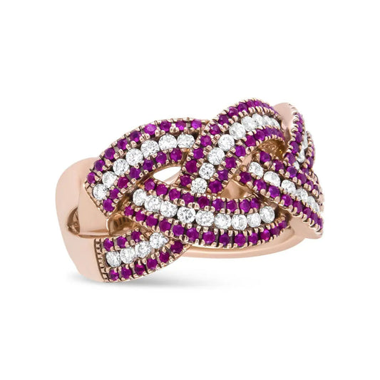 18K Rose Gold Red Ruby and 7/8 Cttw Diamond Woven Braided Band Ring (F-G Color, VS1-VS2 Clarity) - Bijoux-NYC Direct
