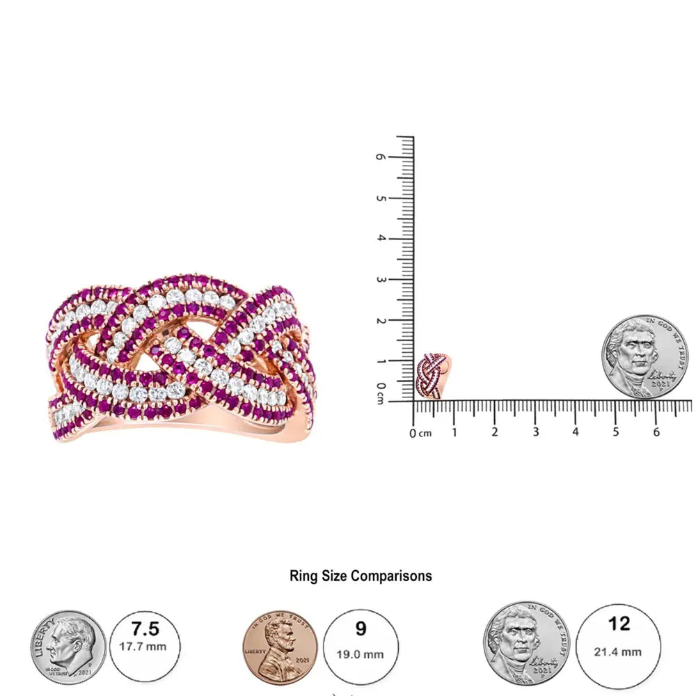 18K Rose Gold Red Ruby and 7/8 Cttw Diamond Woven Braided Band Ring (F-G Color, VS1-VS2 Clarity) - Bijoux-NYC Direct
