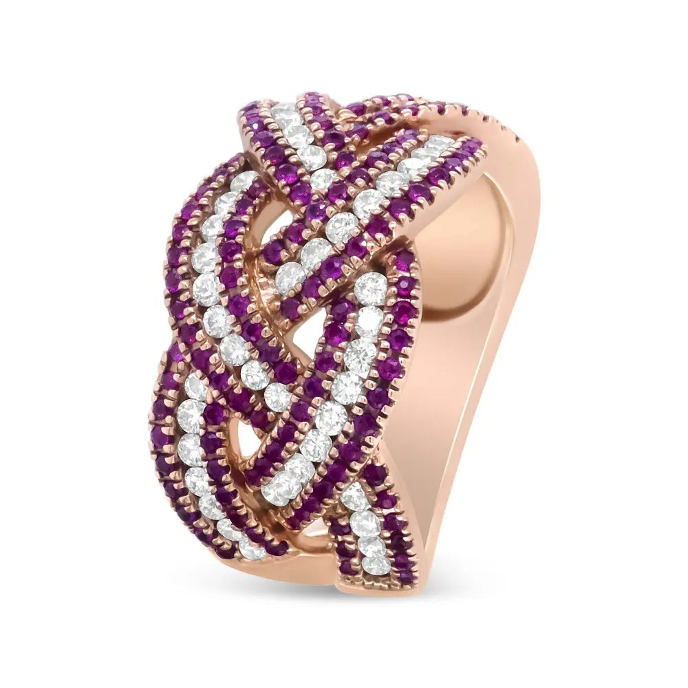 18K Rose Gold Red Ruby and 7/8 Cttw Diamond Woven Braided Band Ring (F-G Color, VS1-VS2 Clarity) - Bijoux-NYC Direct