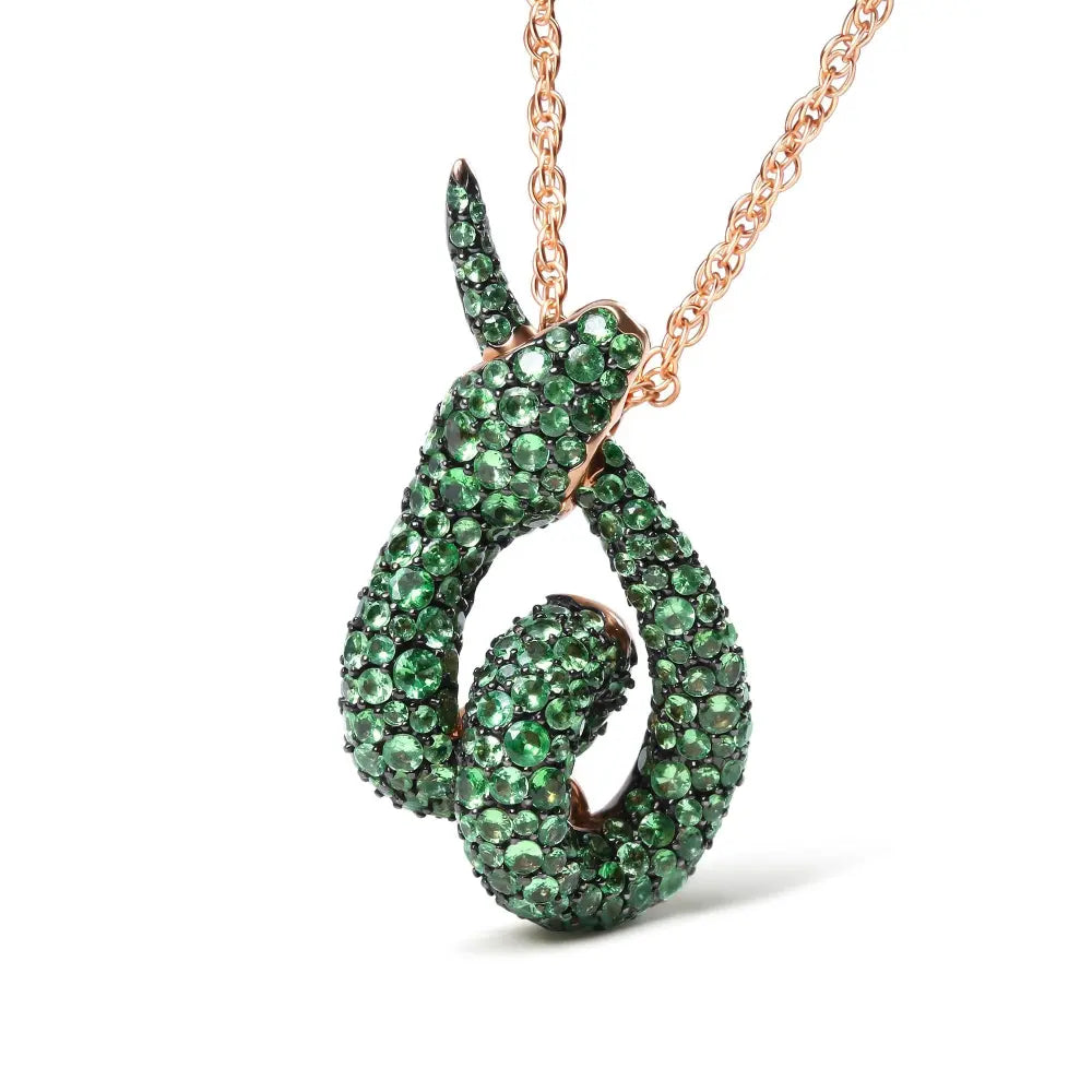 18K Rose Gold Round Green Tsavorite Gemstone Cluster Spiral Snake Design 18" Pendant Necklace (AAA+ Quality) - Bijoux-NYC Direct