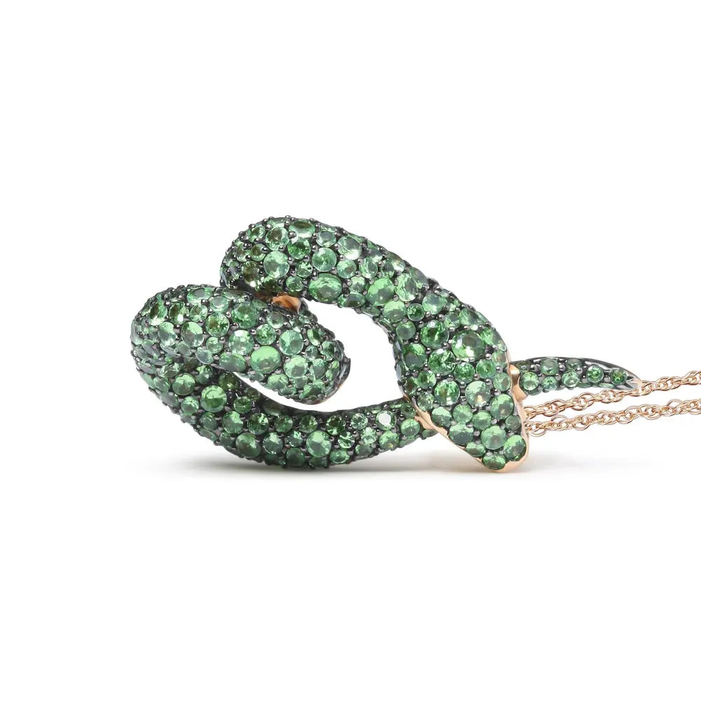 18K Rose Gold Round Green Tsavorite Gemstone Cluster Spiral Snake Design 18" Pendant Necklace (AAA+ Quality) - Bijoux-NYC Direct