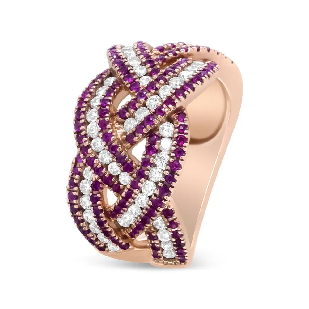 18k rose gold ruby and 7/8 cttw diamond braided woven ring bijoux-nyc direct