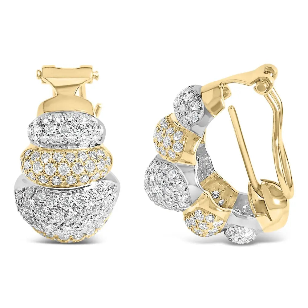 18K Two-Toned Gold 5.00 Cttw Diamond Three-tier Domed Button Omega Back Earrings (G-H Color, VS2-SI1 Clarity) - Bijoux-NYC Direct