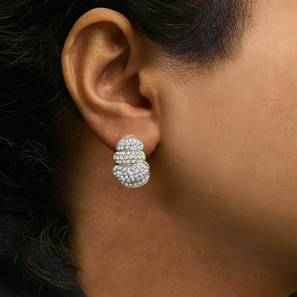 18K Two-Toned Gold 5.00 Cttw Diamond Three-tier Domed Button Omega Back Earrings (G-H Color, VS2-SI1 Clarity) - Bijoux-NYC Direct