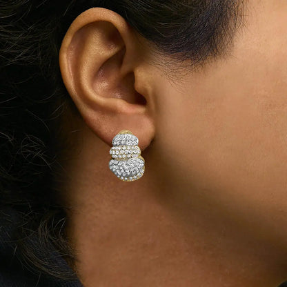 18K Two-Toned Gold 5.00 Cttw Diamond Three-tier Domed Button Omega Back Earrings (G-H Color, VS2-SI1 Clarity) - Bijoux-NYC Direct