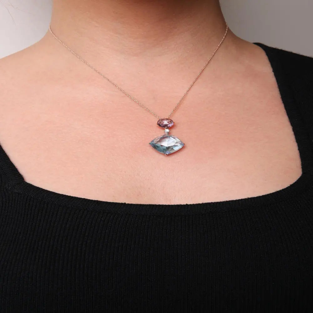 18K White and Rose Gold Round Diamond Accent and Round Rose De France Pink Amethyst and Cushion Cut Sky Blue Topaz Dangle Drop 18" Pendant Necklace (G-H Color, SI1-SI2 Clarity) - Bijoux-NYC Direct