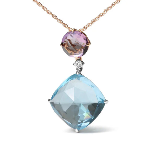 18K White and Rose Gold Round Diamond Accent and Round Rose De France Pink Amethyst and Cushion Cut Sky Blue Topaz Dangle Drop 18" Pendant Necklace (G-H Color, SI1-SI2 Clarity) - Bijoux-NYC Direct