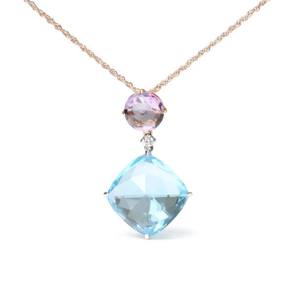 18K White and Rose Gold Round Diamond Accent and Round Rose De France Pink Amethyst and Cushion Cut Sky Blue Topaz Dangle Drop 18" Pendant Necklace (G-H Color, SI1-SI2 Clarity) - Bijoux-NYC Direct