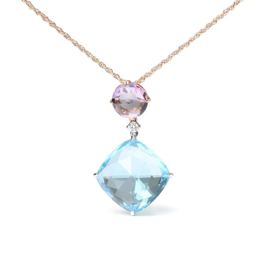 18K White and Rose Gold Round Diamond Accent and Round Rose De France Pink Amethyst and Cushion Cut Sky Blue Topaz Dangle Drop 18" Pendant Necklace (G-H Color, SI1-SI2 Clarity) - Bijoux-NYC Direct