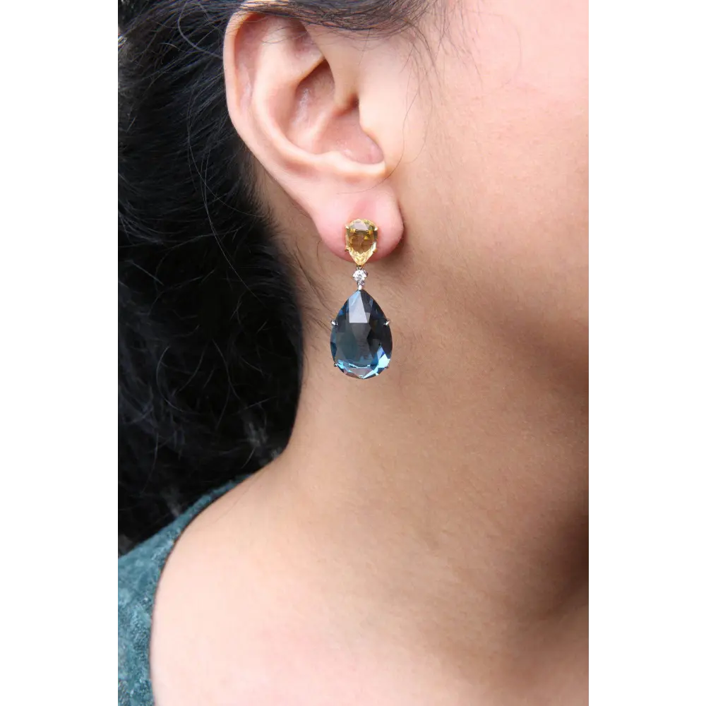 18K White and Yellow Gold 1/5 Cttw Diamond with Pear Cut Lemon Quartz and Pear Cut London Blue Topaz Gemstone Dangle Earring (G-H Color, SI1-SI2 Clarity) - Bijoux-NYC Direct