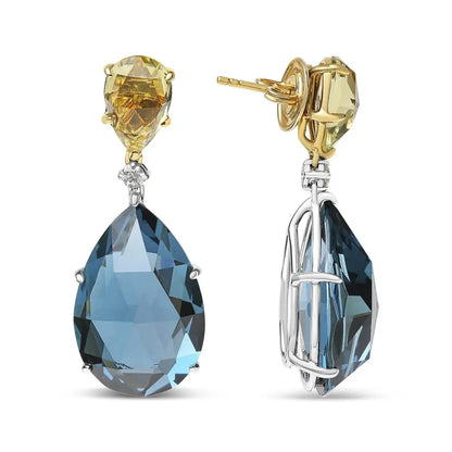 18K White and Yellow Gold 1/5 Cttw Diamond with Pear Cut Lemon Quartz and Pear Cut London Blue Topaz Gemstone Dangle Earring (G-H Color, SI1-SI2 Clarity) - Bijoux-NYC Direct