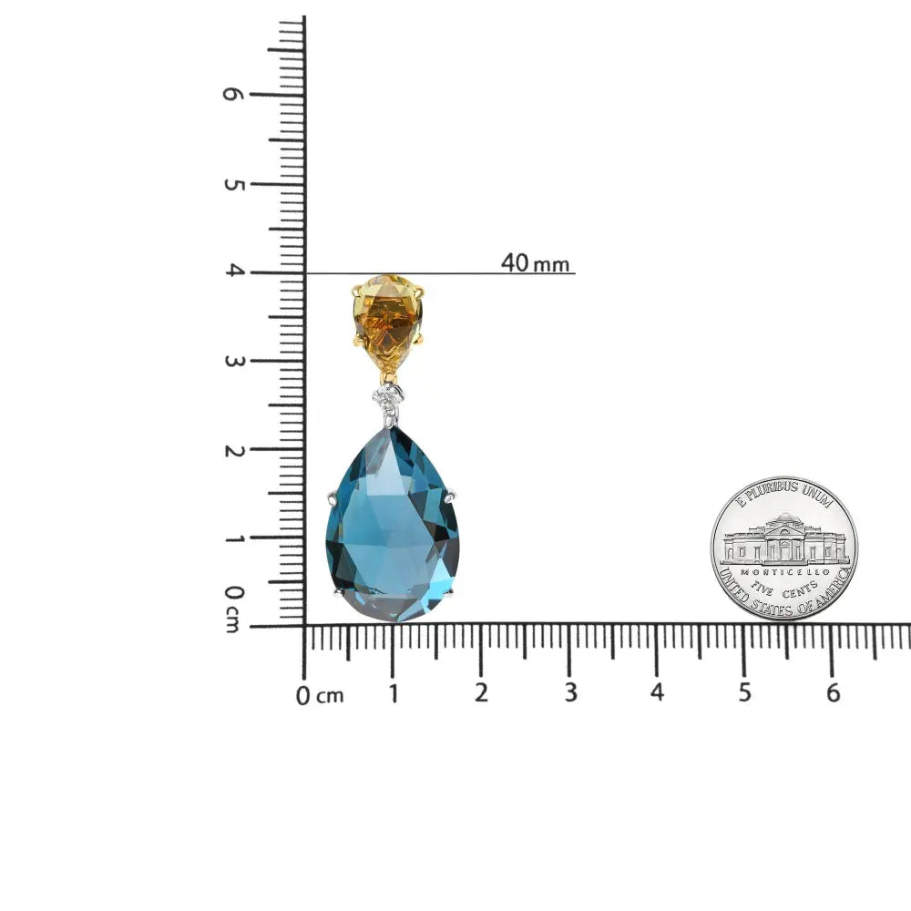 18K White and Yellow Gold 1/5 Cttw Diamond with Pear Cut Lemon Quartz and Pear Cut London Blue Topaz Gemstone Dangle Earring (G-H Color, SI1-SI2 Clarity) - Bijoux-NYC Direct