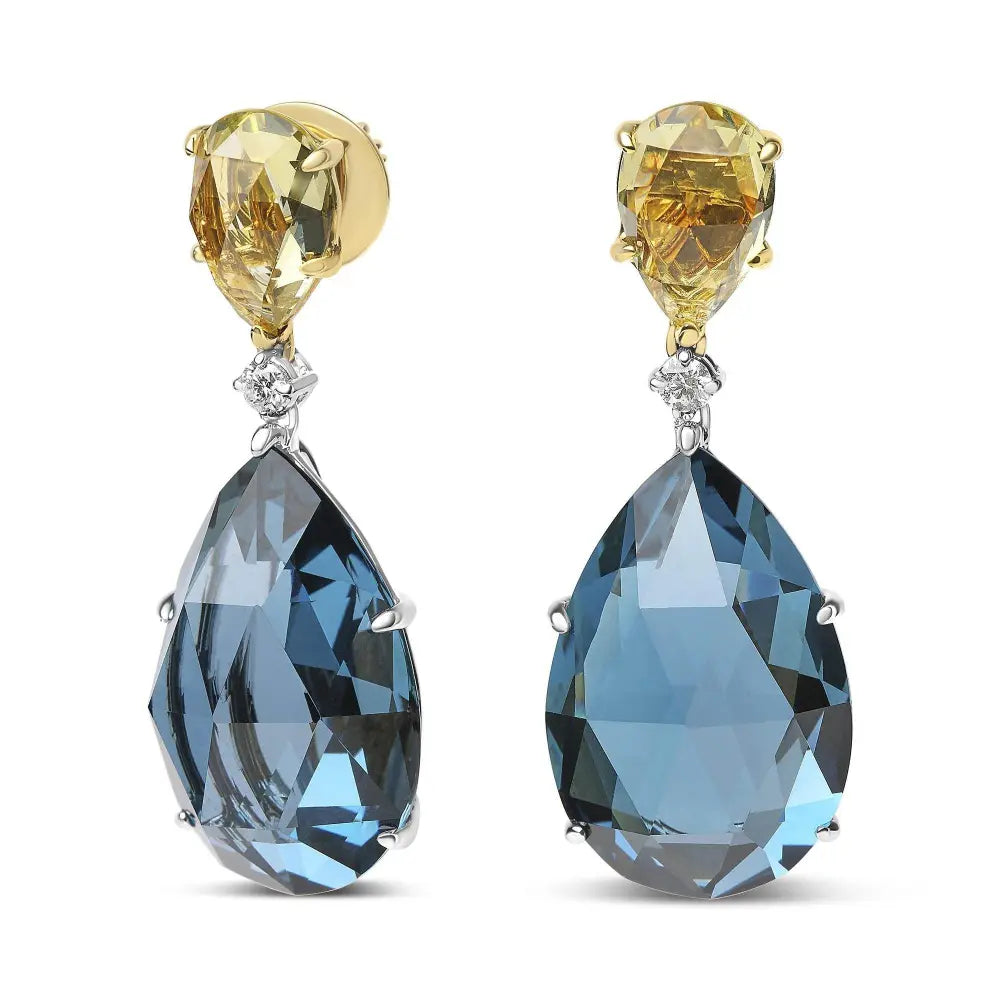 18K White and Yellow Gold 1/5 Cttw Diamond with Pear Cut Lemon Quartz and Pear Cut London Blue Topaz Gemstone Dangle Earring (G-H Color, SI1-SI2 Clarity) - Bijoux-NYC Direct