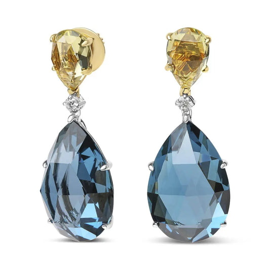 18K White and Yellow Gold 1/5 Cttw Diamond with Pear Cut Lemon Quartz and Pear Cut London Blue Topaz Gemstone Dangle Earring (G-H Color, SI1-SI2 Clarity) - Bijoux-NYC Direct