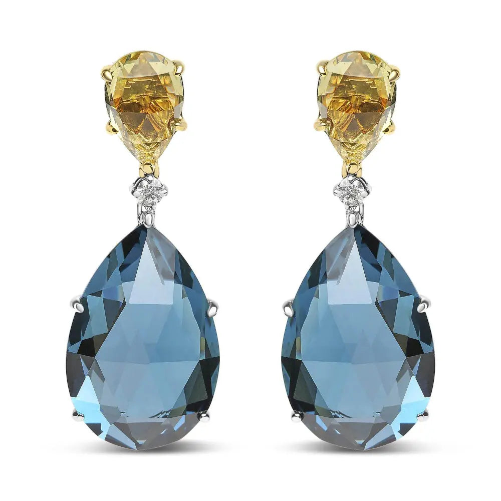 18K White and Yellow Gold 1/5 Cttw Diamond with Pear Cut Lemon Quartz and Pear Cut London Blue Topaz Gemstone Dangle Earring (G-H Color, SI1-SI2 Clarity) - Bijoux-NYC Direct