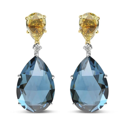 18K White and Yellow Gold 1/5 Cttw Diamond with Pear Cut Lemon Quartz and Pear Cut London Blue Topaz Gemstone Dangle Earring (G-H Color, SI1-SI2 Clarity) - Bijoux-NYC Direct