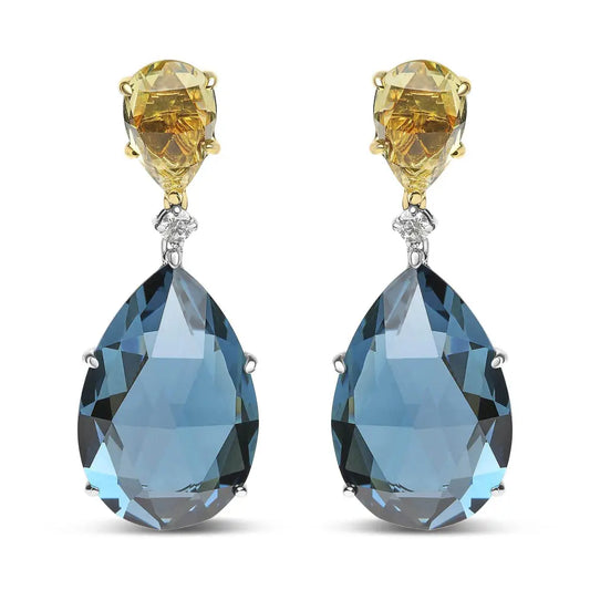 18K White and Yellow Gold 1/5 Cttw Diamond with Pear Cut Lemon Quartz and Pear Cut London Blue Topaz Gemstone Dangle Earring (G-H Color, SI1-SI2 Clarity) - Bijoux-NYC Direct