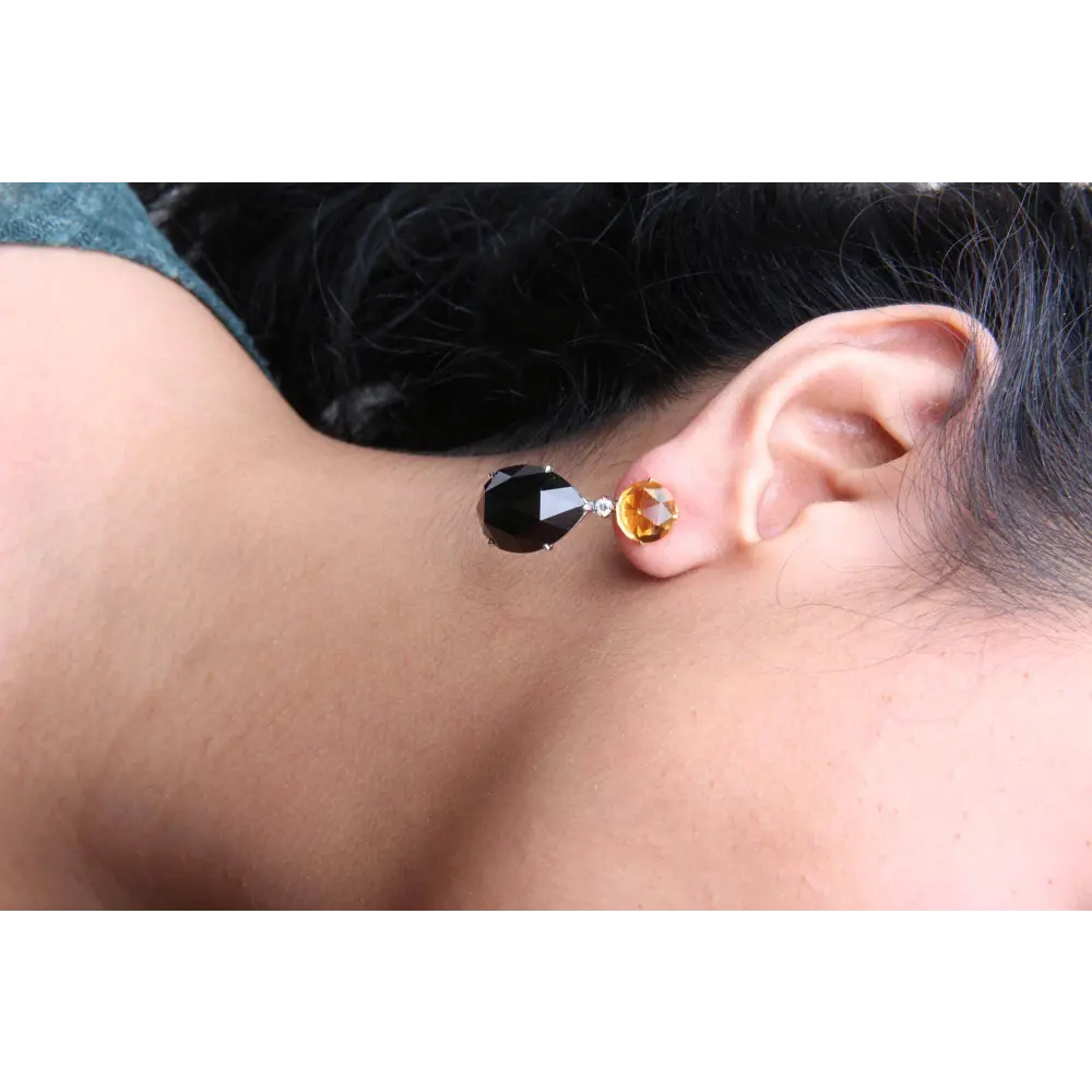 18K White and Yellow Gold 1/5 Cttw Diamond with Round Yellow Citrine and 20x15mm Pear Cut Black Onyx Gemstone Dangle Earring (G-H Color, SI1-SI2 Clarity) - Bijoux-NYC Direct