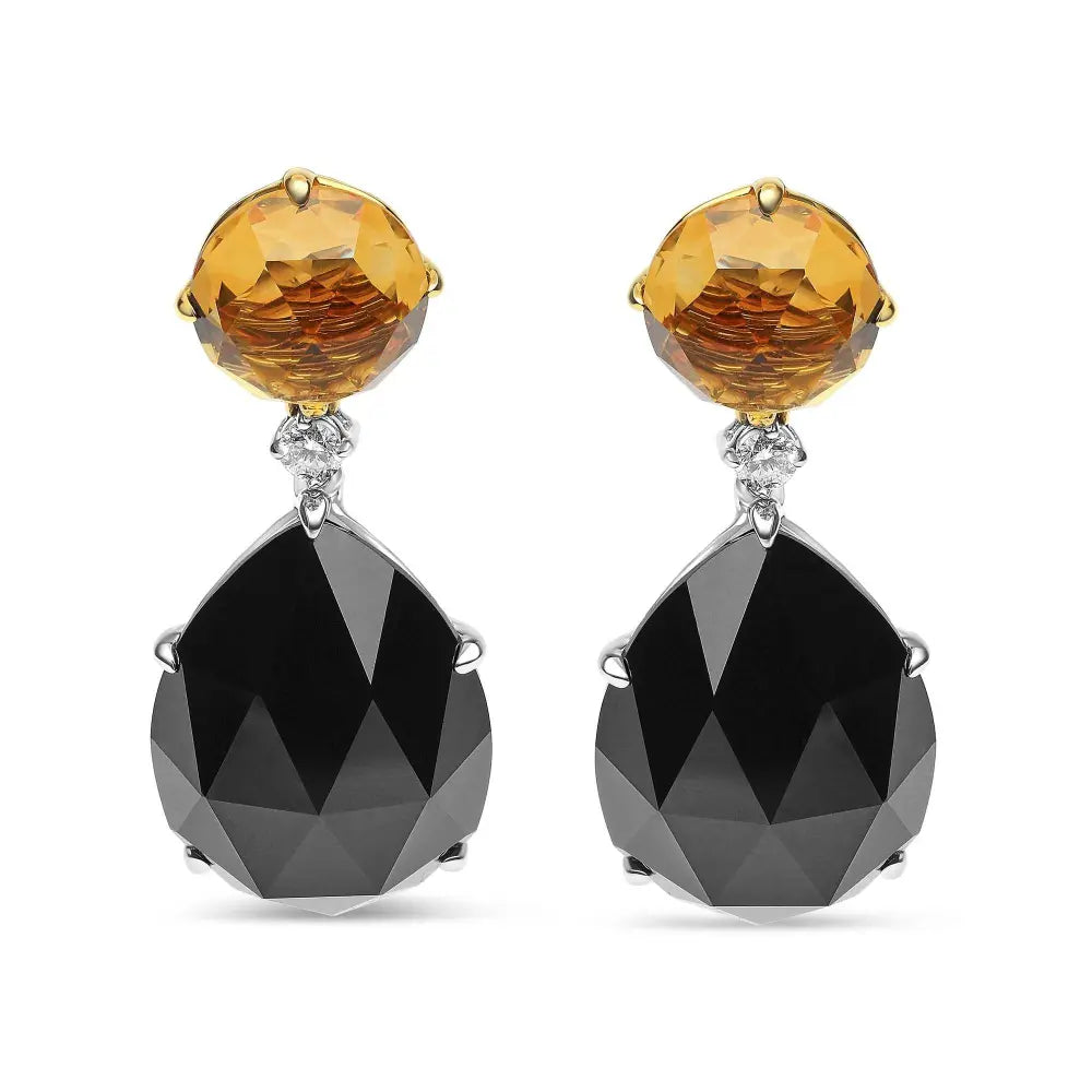 18K White and Yellow Gold 1/5 Cttw Diamond with Round Yellow Citrine and 20x15mm Pear Cut Black Onyx Gemstone Dangle Earring (G-H Color, SI1-SI2 Clarity) - Bijoux-NYC Direct