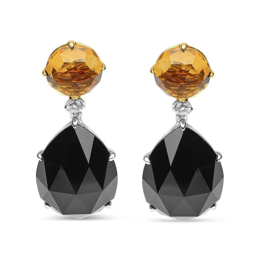 18K White and Yellow Gold 1/5 Cttw Diamond with Round Yellow Citrine and 20x15mm Pear Cut Black Onyx Gemstone Dangle Earring (G-H Color, SI1-SI2 Clarity) - Bijoux-NYC Direct
