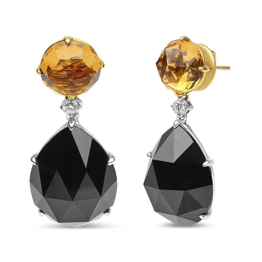 18K White and Yellow Gold 1/5 Cttw Diamond with Round Yellow Citrine and 20x15mm Pear Cut Black Onyx Gemstone Dangle Earring (G-H Color, SI1-SI2 Clarity) - Bijoux-NYC Direct