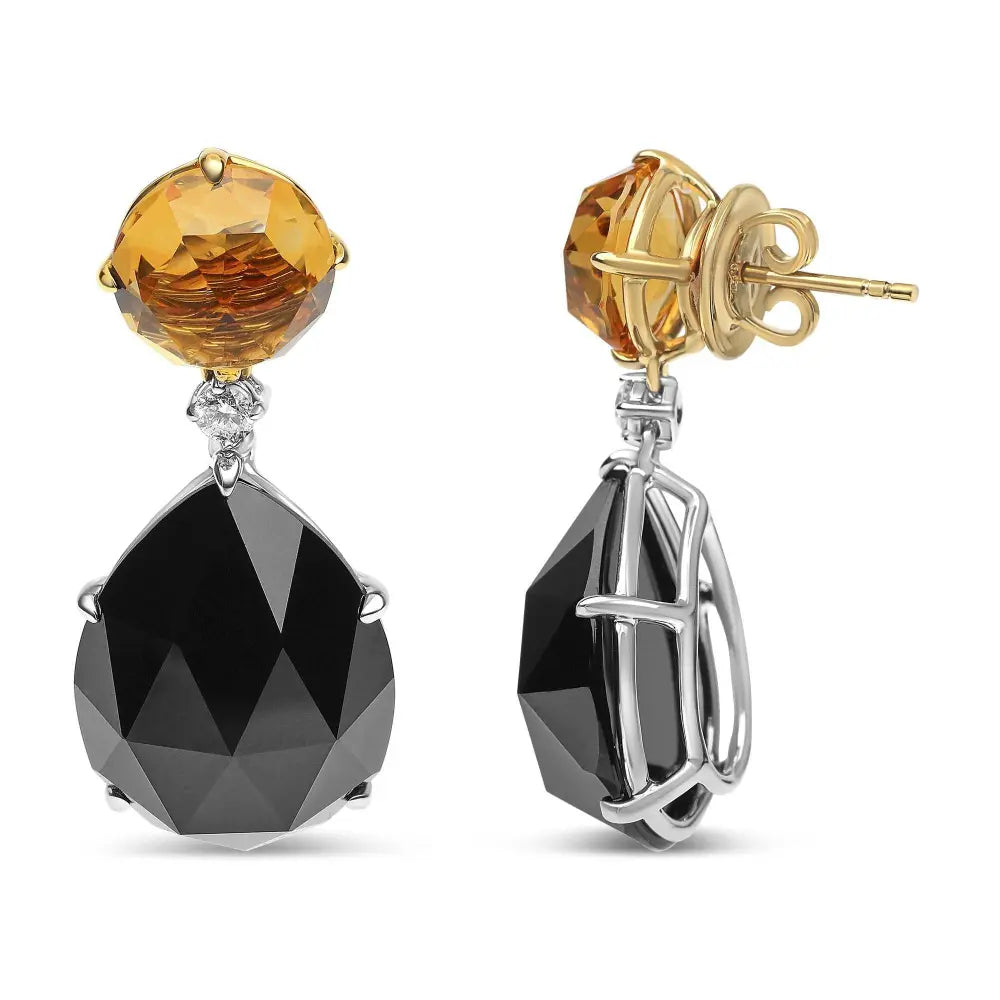 18K White and Yellow Gold 1/5 Cttw Diamond with Round Yellow Citrine and 20x15mm Pear Cut Black Onyx Gemstone Dangle Earring (G-H Color, SI1-SI2 Clarity) - Bijoux-NYC Direct