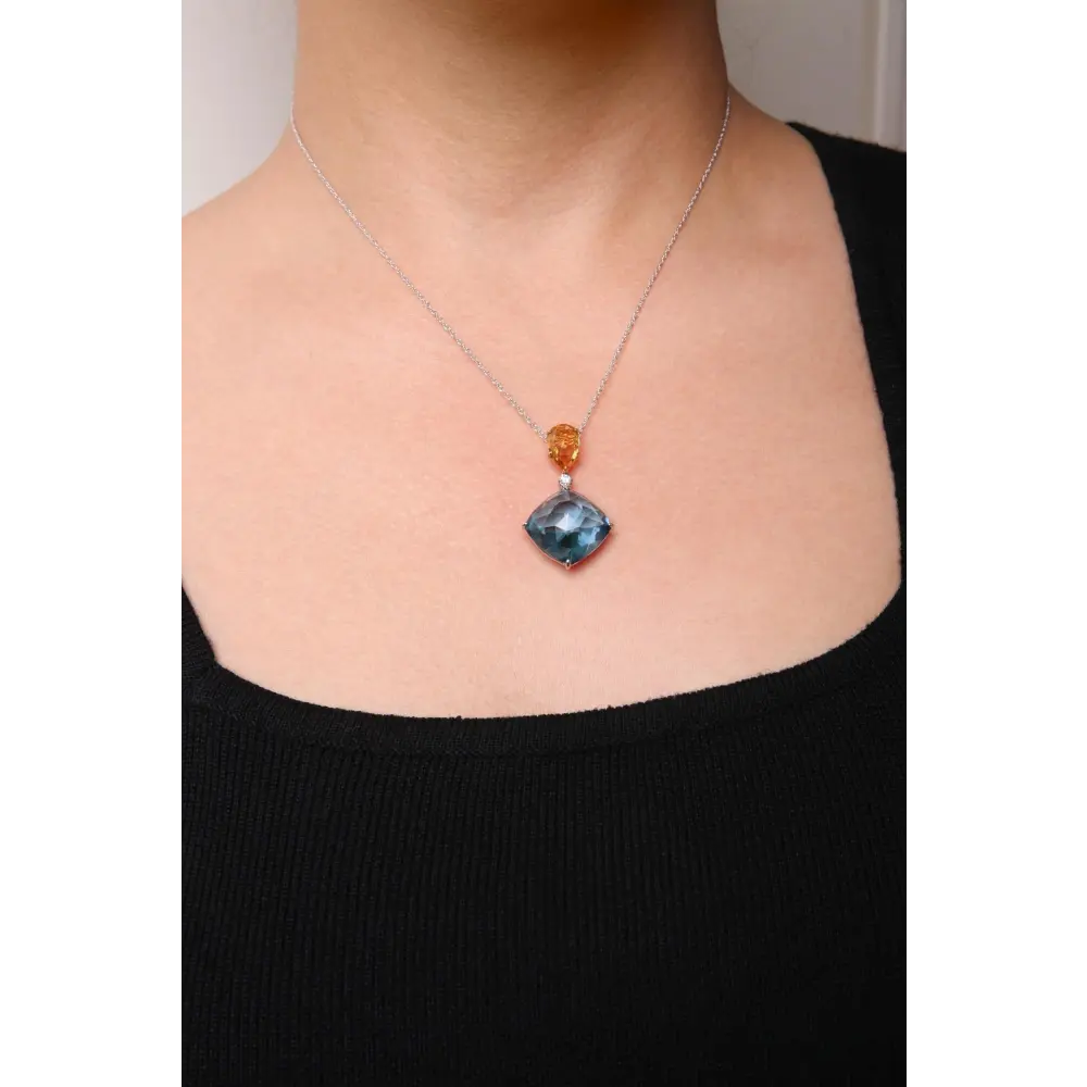 18K White and Yellow Gold Diamond Accent and Yellow Citrine and Sky Blue Topaz Gemstone Dangle Drop 18" Pendant Necklace (G-H Color, SI1-SI2 Clarity) - Bijoux-NYC Direct