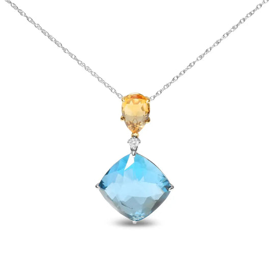 18K White and Yellow Gold Diamond Accent and Yellow Citrine and Sky Blue Topaz Gemstone Dangle Drop 18" Pendant Necklace (G-H Color, SI1-SI2 Clarity) - Bijoux-NYC Direct