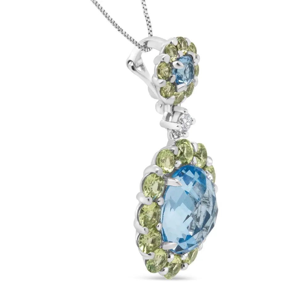 18k White Gold 0.05 Cttw Round Diamond and Blue Topaz and Green Peridot Gemstone Halo Drop 18" Pendant Necklace (F-G Color, VS1-VS2 Clarity) - Bijoux-NYC Direct