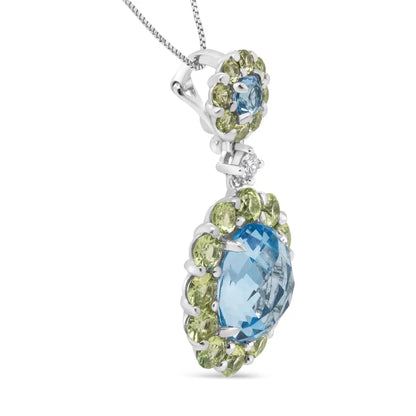 18k White Gold 0.05 Cttw Round Diamond and Blue Topaz and Green Peridot Gemstone Halo Drop 18" Pendant Necklace (F-G Color, VS1-VS2 Clarity) - Bijoux-NYC Direct