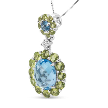 18k White Gold 0.05 Cttw Round Diamond and Blue Topaz and Green Peridot Gemstone Halo Drop 18" Pendant Necklace (F-G Color, VS1-VS2 Clarity) - Bijoux-NYC Direct