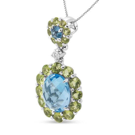 18k White Gold 0.05 Cttw Round Diamond and Blue Topaz and Green Peridot Gemstone Halo Drop 18" Pendant Necklace (F-G Color, VS1-VS2 Clarity) - Bijoux-NYC Direct