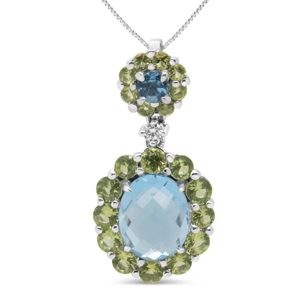 18k White Gold 0.05 Cttw Round Diamond and Blue Topaz and Green Peridot Gemstone Halo Drop 18" Pendant Necklace (F-G Color, VS1-VS2 Clarity) - Bijoux-NYC Direct