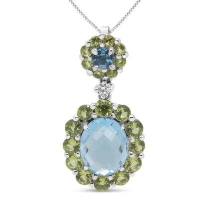 18k White Gold 0.05 Cttw Round Diamond and Blue Topaz and Green Peridot Gemstone Halo Drop 18" Pendant Necklace (F-G Color, VS1-VS2 Clarity) - Bijoux-NYC Direct