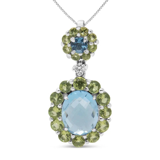 18k White Gold 0.05 Cttw Round Diamond and Blue Topaz and Green Peridot Gemstone Halo Drop 18" Pendant Necklace (F-G Color, VS1-VS2 Clarity) - Bijoux-NYC Direct