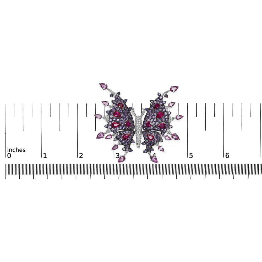 18K White Gold 1.00 Cttw Diamond, Ruby Sapphire, and Amethyst Mixed Gemstone Butterfly Brooch Pin (G-H Color, VS1-VS2 Clarity) - Bijoux-NYC Direct