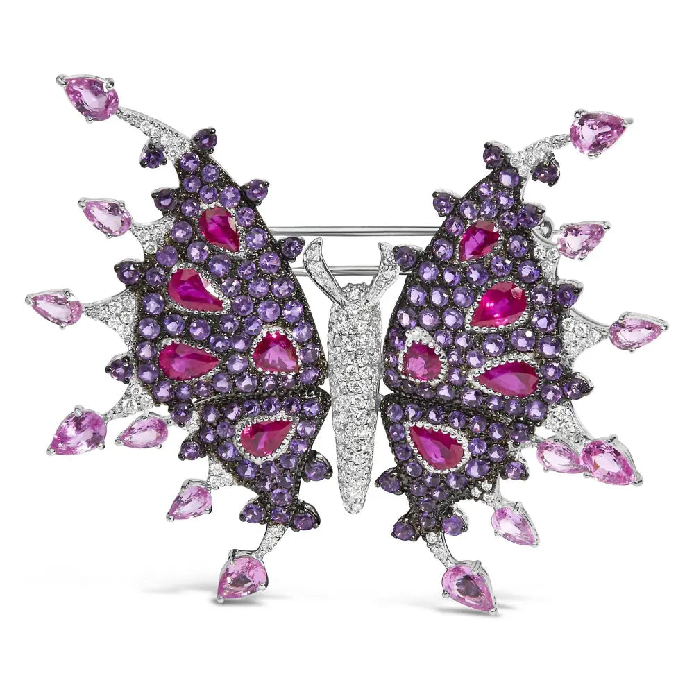 18K White Gold 1.00 Cttw Diamond, Ruby Sapphire, and Amethyst Mixed Gemstone Butterfly Brooch Pin (G-H Color, VS1-VS2 Clarity) - Bijoux-NYC Direct