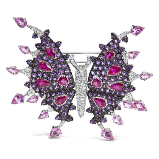 18K White Gold 1.00 Cttw Diamond, Ruby Sapphire, and Amethyst Mixed Gemstone Butterfly Brooch Pin (G-H Color, VS1-VS2 Clarity) - Bijoux-NYC Direct