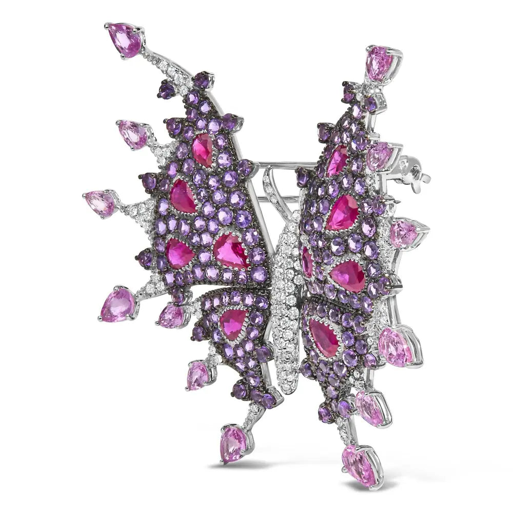 18K White Gold 1.00 Cttw Diamond, Ruby Sapphire, and Amethyst Mixed Gemstone Butterfly Brooch Pin (G-H Color, VS1-VS2 Clarity) - Bijoux-NYC Direct