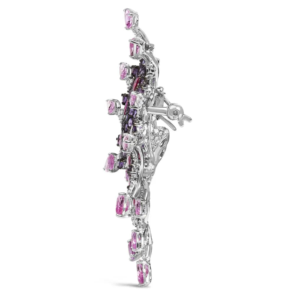 18K White Gold 1.00 Cttw Diamond, Ruby Sapphire, and Amethyst Mixed Gemstone Butterfly Brooch Pin (G-H Color, VS1-VS2 Clarity) - Bijoux-NYC Direct