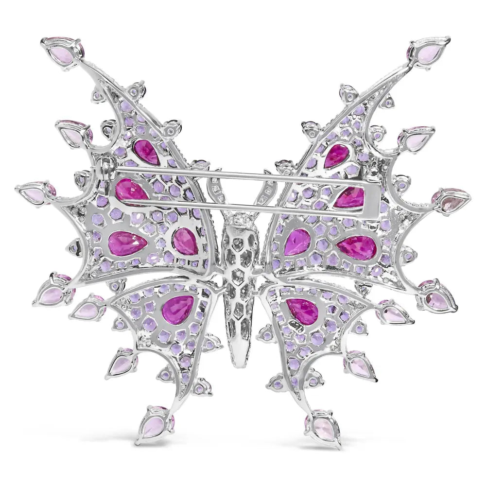 18K White Gold 1.00 Cttw Diamond, Ruby Sapphire, and Amethyst Mixed Gemstone Butterfly Brooch Pin (G-H Color, VS1-VS2 Clarity) - Bijoux-NYC Direct